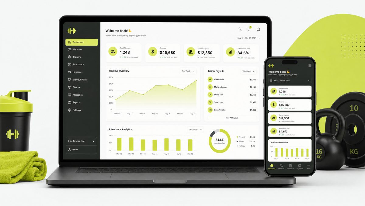 Sixnity gym management software dashboard on laptop and phone